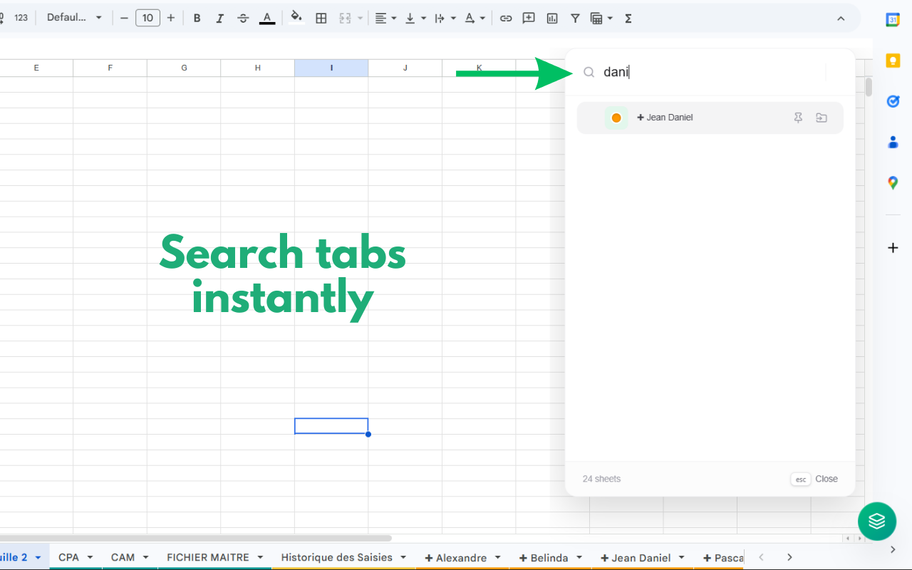 Searching for sheets tabs in the command palette